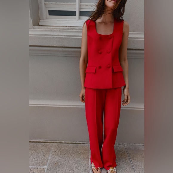 ZARA LINED BUTTON VEST + STRAIGHT LEG PANTS WITH SLIT SET - Picture 10 of 17